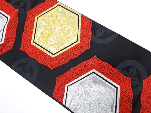 アンティーク　亀甲に蝶・桐模様織り出し袋帯(着用可)